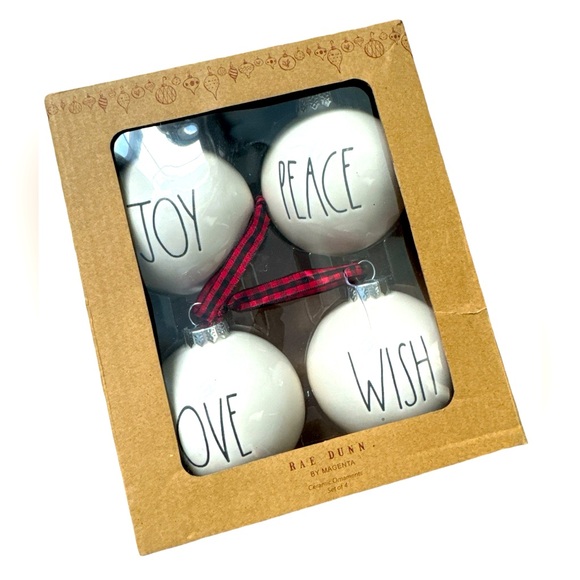 Rae Dunn 4 Ornament Set, “Joy, Peace, Love & Wish”,New With Tag In Box - Picture 1 of 5